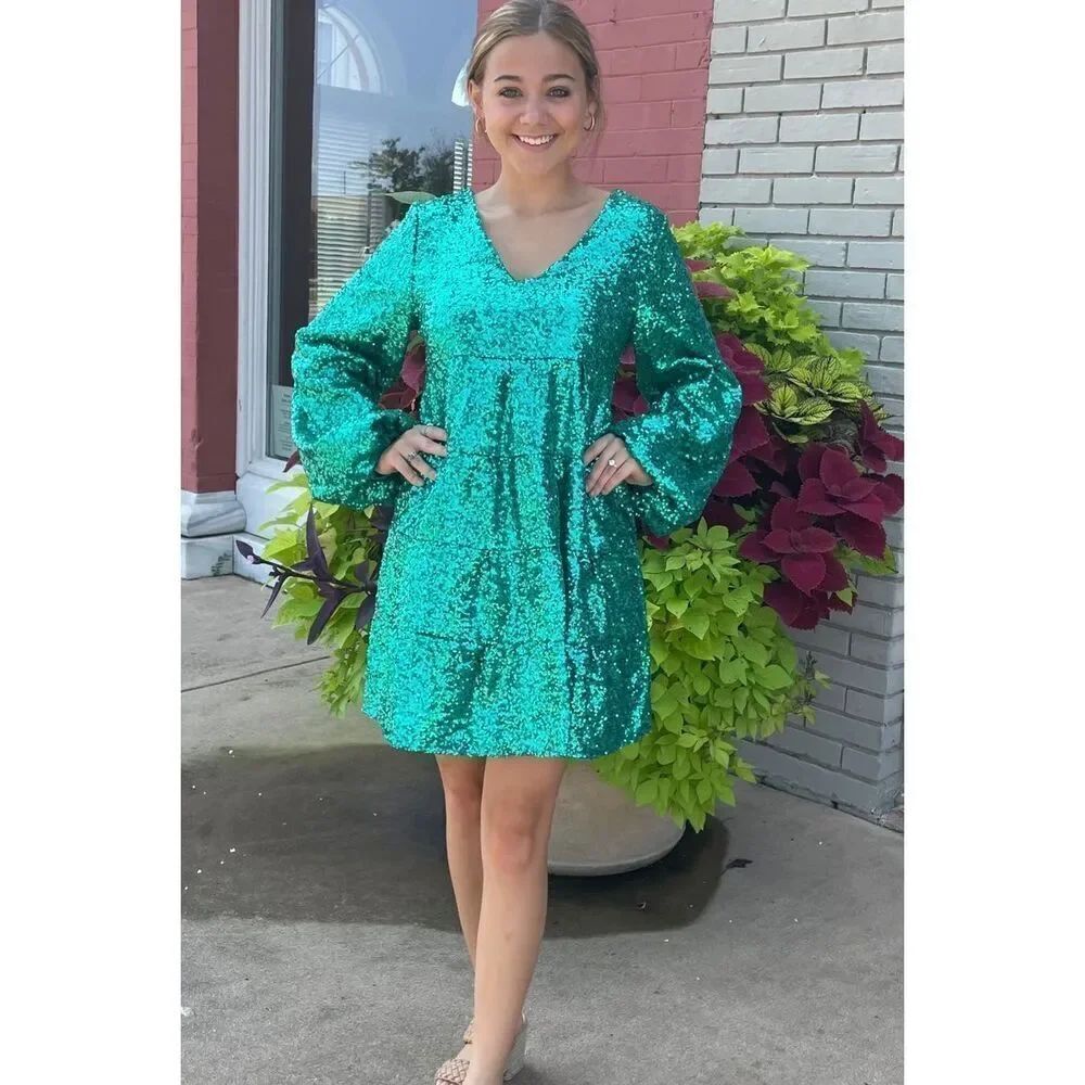 Peach Love Dance The Night Away Sequin Tiered Baby Doll Dress in Green NEW